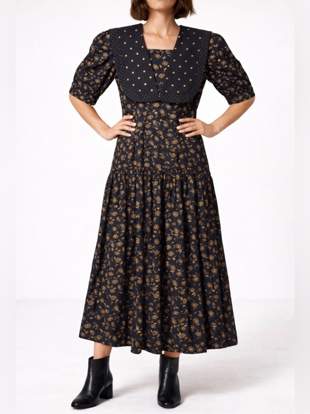 Leslie Lucks Vintage Midi Dress Size 4 Black Gold Floral Sailor Collar
